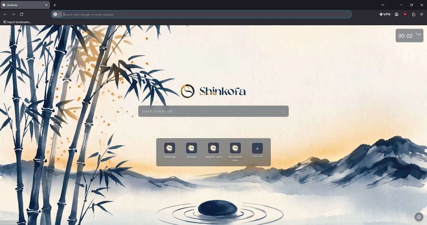 Nouvel onglet du navigateur Shinkofa, décor de bambous