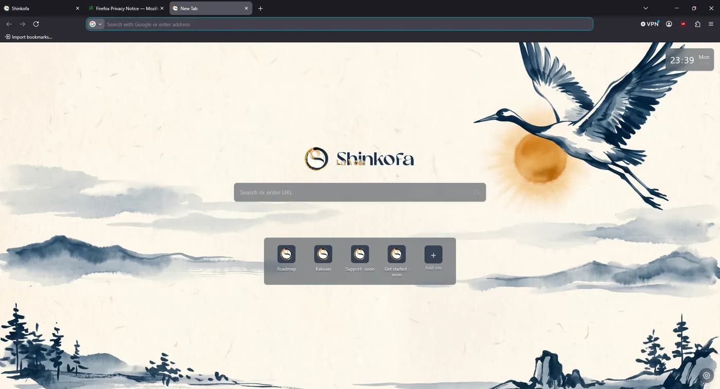 Le navigateur Shinkofa : nouvel onglet avec une grue en vol