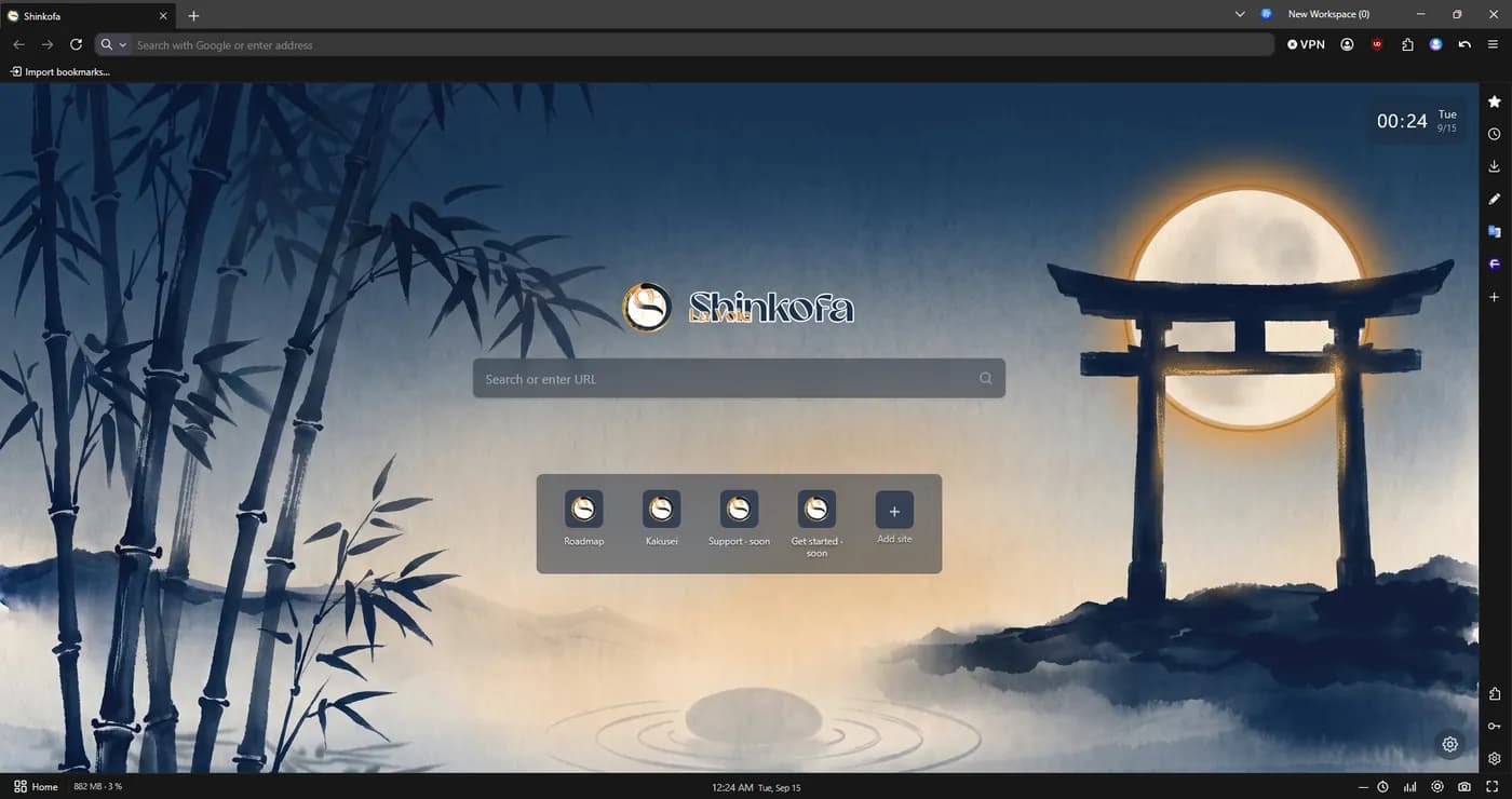 Nouvel onglet du navigateur Shinkofa, décor de torii sous la lune