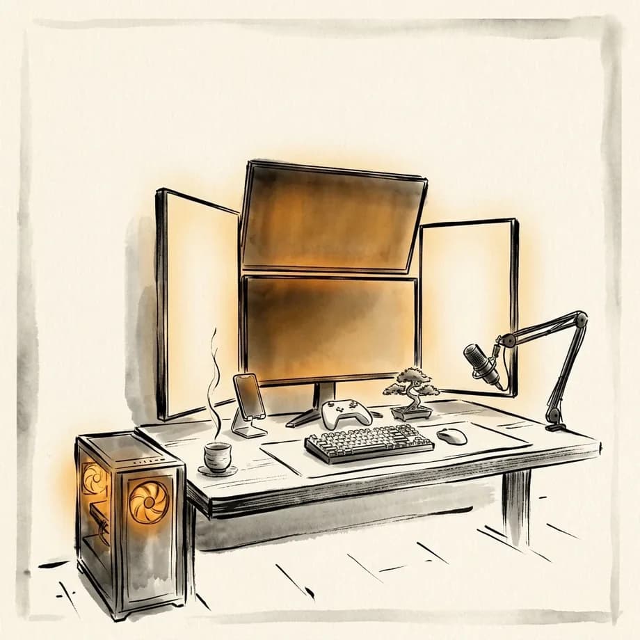 Illustration à l'encre de mon poste : quatre écrans en mur, la tour au ventilateur lumineux, le clavier, la manette, le micro sur son bras, un petit bonsaï et une tasse de thé